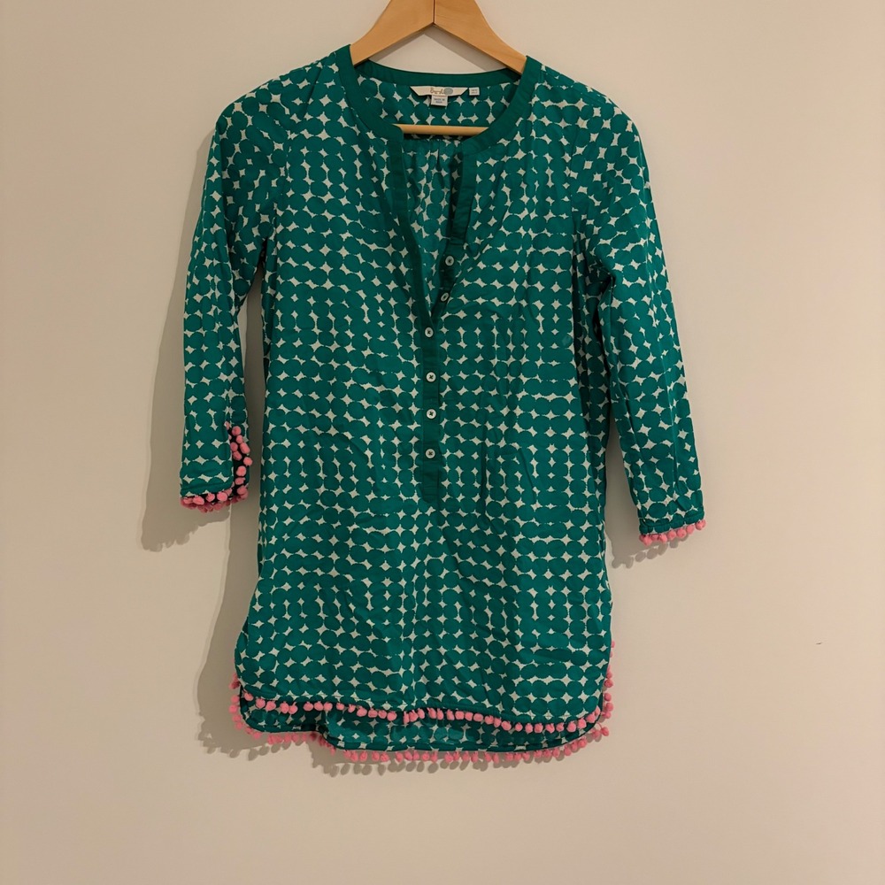 Boden Teal Green Geometric Pom Pom Trim Cotton Tunic Top WA611 US 2